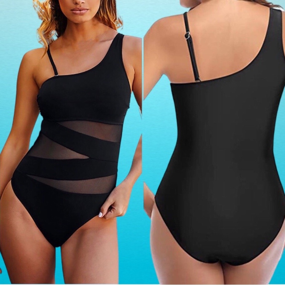 Black Mesh Zigzag Wide Thin Straps One Piece Tank Swimsuit SIZE M